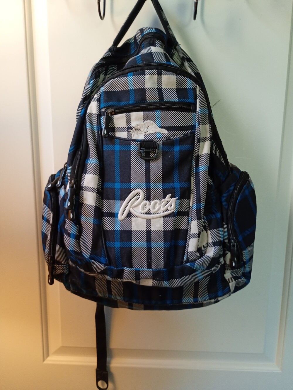 Roots | Blue, Black + White Plaid Canvas Backpack